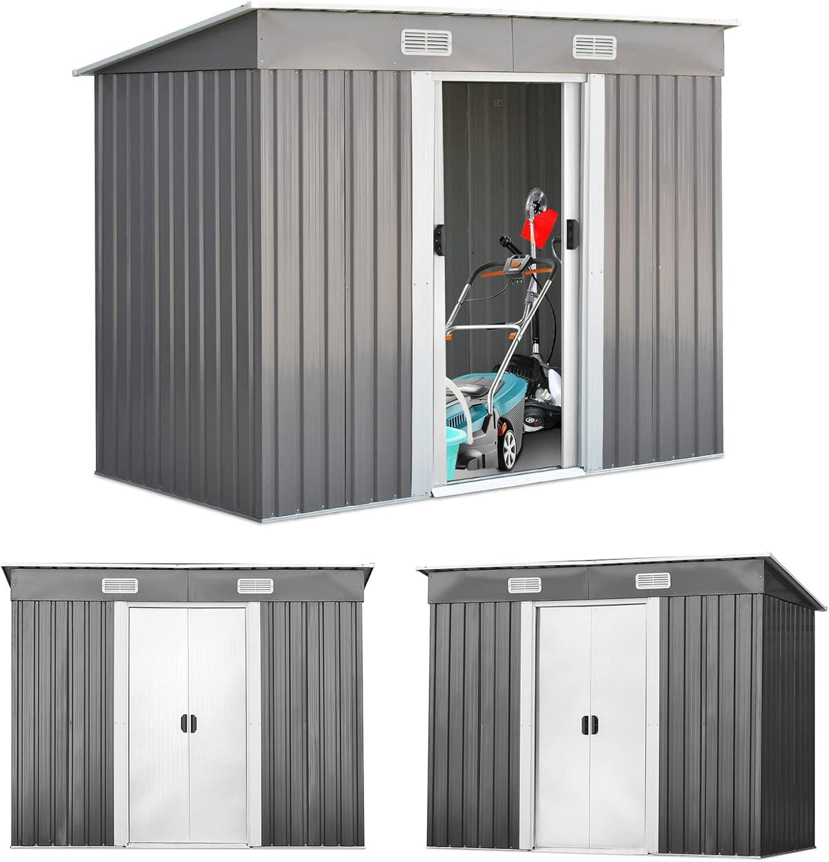 RELAX4LIFE Gerätehaus aus Metall Wasserfestes Gartenhaus, mit Pultdach, Geräteschuppen mit 2 Schiebetüren & 4 Lüftungsöffnungen, 238 × 131 × 181 cm