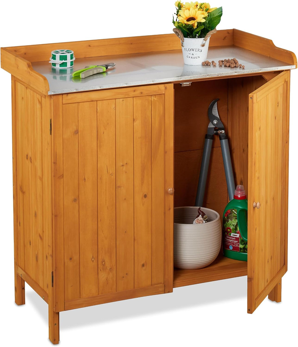 Pflanztische, Holz, Zinn Arbeitsplatte, HBT: 94 x 94 x 47 cm, Outdoor Gartenschrank, Farbwahl, Relaxdays