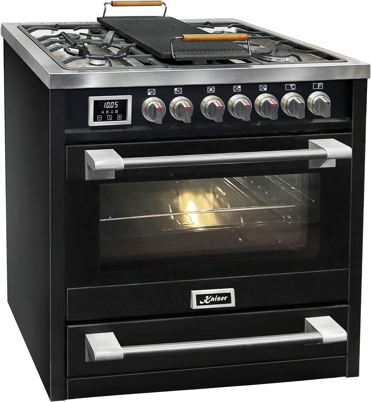 Kaiser HGE 93505 90 5 4 5 WOK XXL S Turbo · Gas Elektro Standherd cm · freistehend Range Cooker · Gaskochfeld Zonen mit kW · Elektro- Backofen
