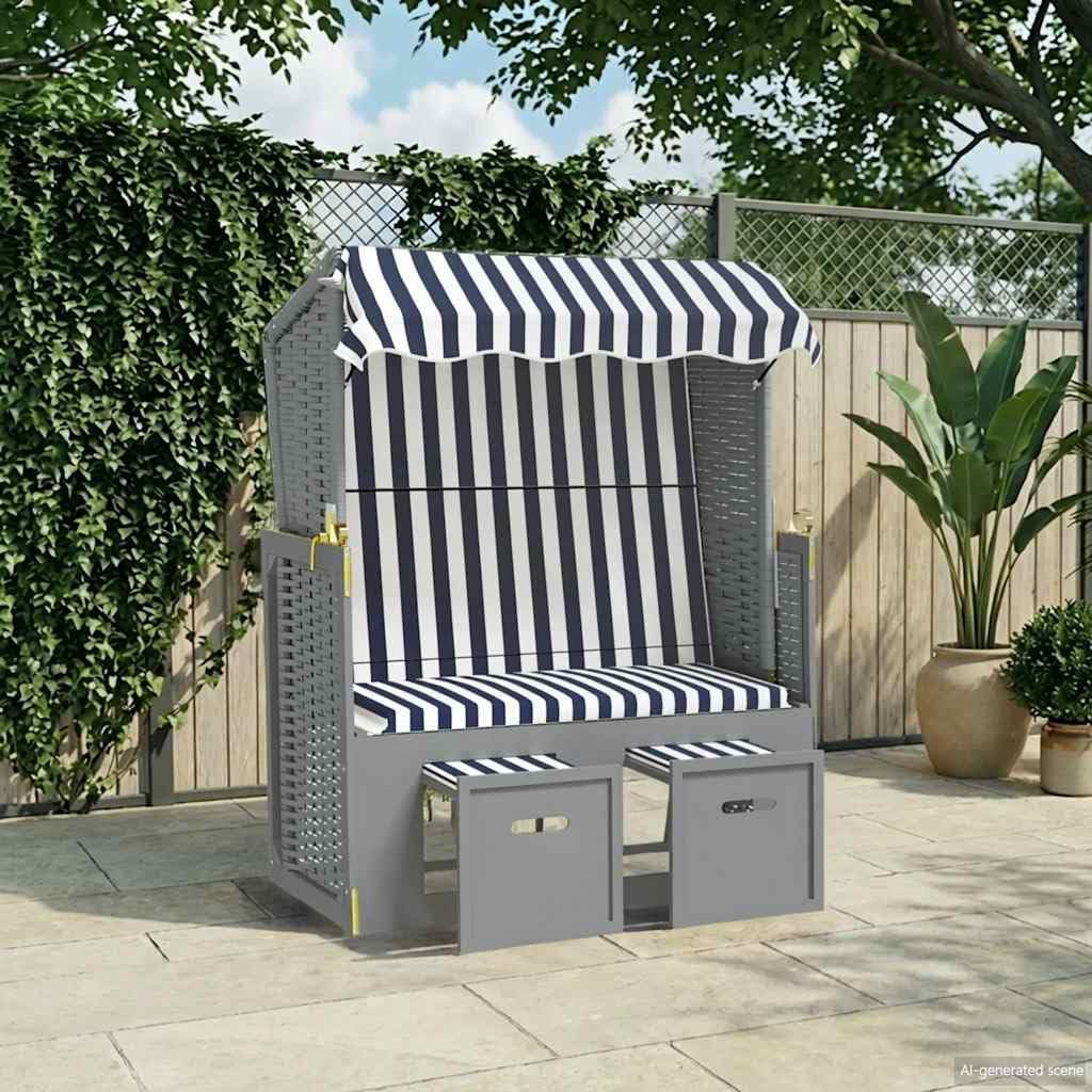 Liege, Strandkorb mit Dach Poly Rattan und Massivholz, blau weiß, 115x55x156 cm, 3-Fach verstellbare Rückenlehne, ausziehbare gepolsterte Hocker