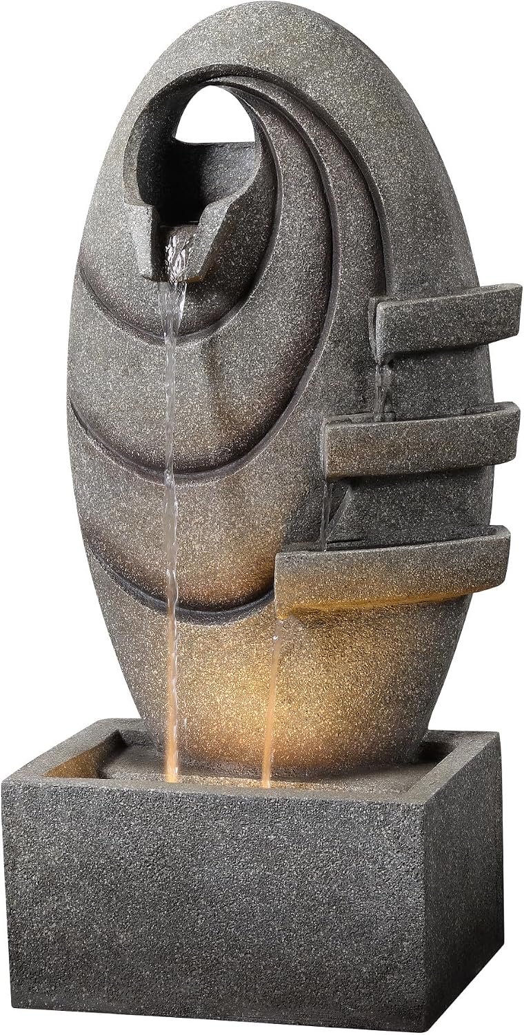 Teamson Home Bodenspringbrunnen, Garten Outdoor Brunnen Moderner Ovaler Brunnen mit warmen LED-Lichtern, Einstellbarer Fluss