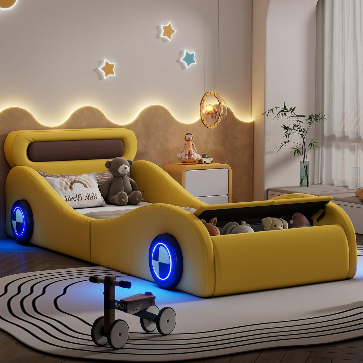Kinderbett Autobett, Jugendbett 90 × 200, Polsterbett Einzelbett mit leuchtenden Rädern&Stauraum, Kinder Spielbett mit Lattenrost, PU, Ohne Matratze