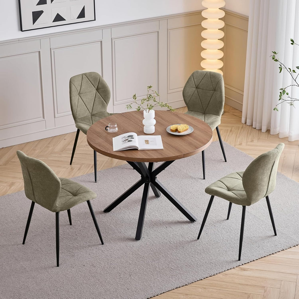 Esstisch, und Stuhlset, für Esszimmer, Küche, Wohnzimmer (Dunkel+ Grün), HJhomeheart