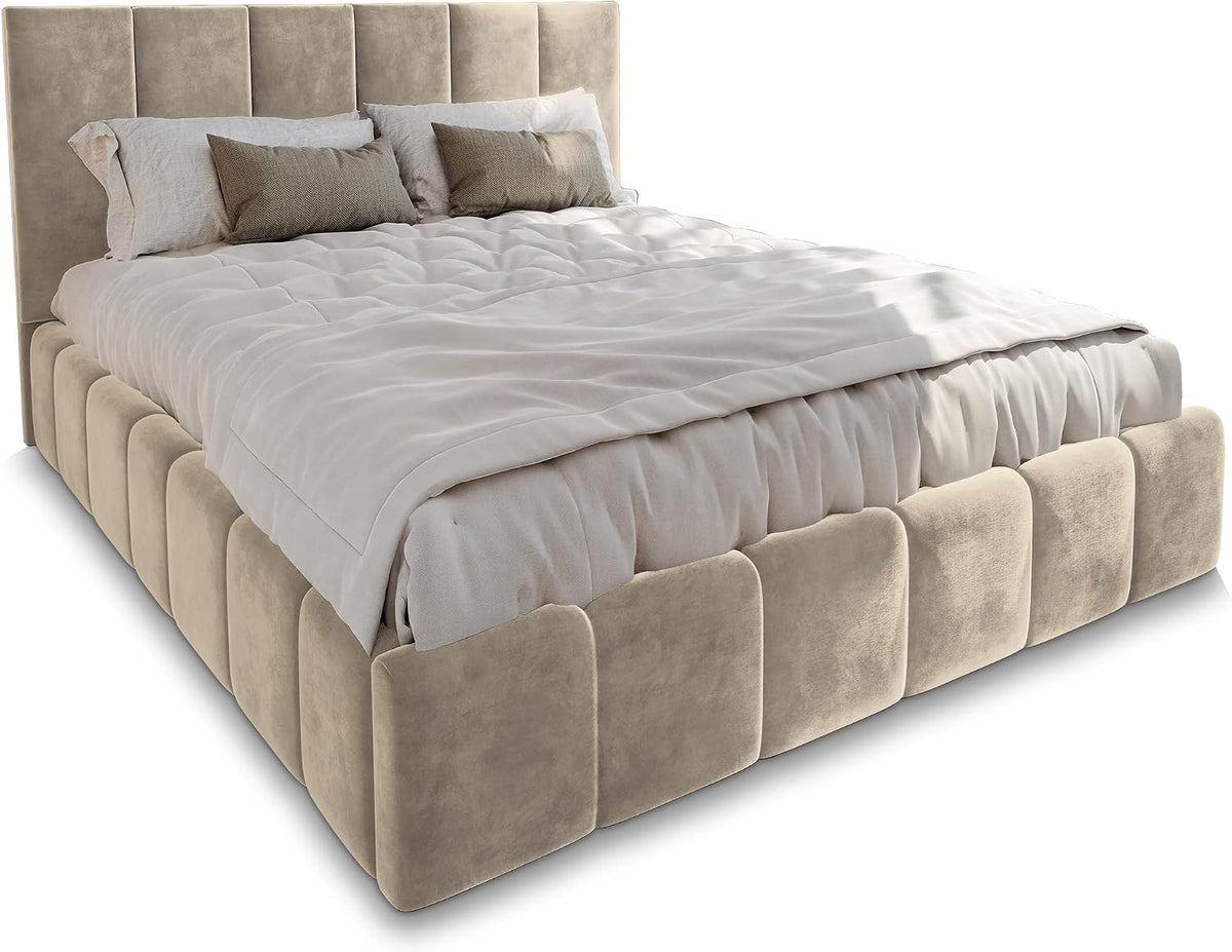 Bett Polster, TARANTO 140 × 200 cm, Doppelbett, Bettkasten, Stauraum, Lattenrost Und Kopfteil - Creme, Monolith 04, Masseno
