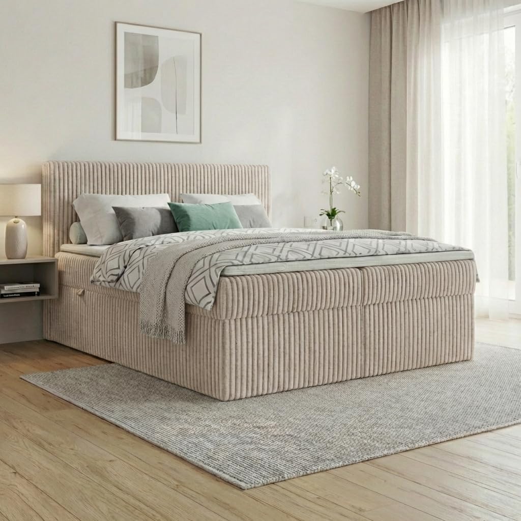 Bett Boxspring, RALF 200 × 200 mit Bettkasten und Topper, Bonellmatratze H2, Stauraum in Beige, A&J MöbelLand