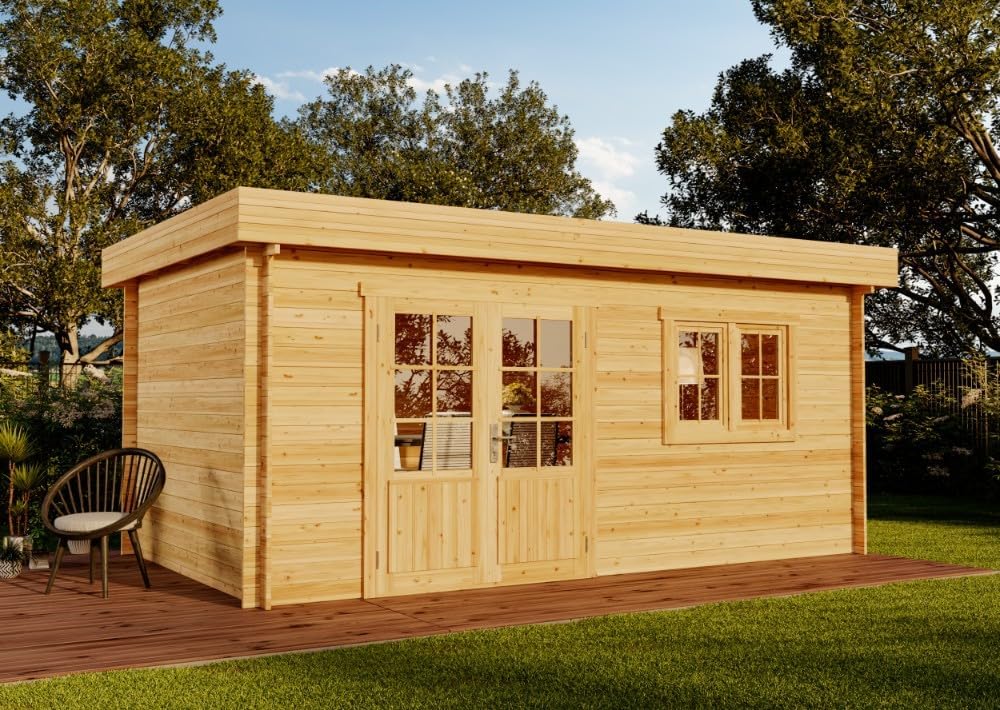 Alpholz Gartenhaus, Spree-28 A aus Holz 520 × 320cm in imprägniert Pinie mit 28 mm Wandstärke & Pultdach