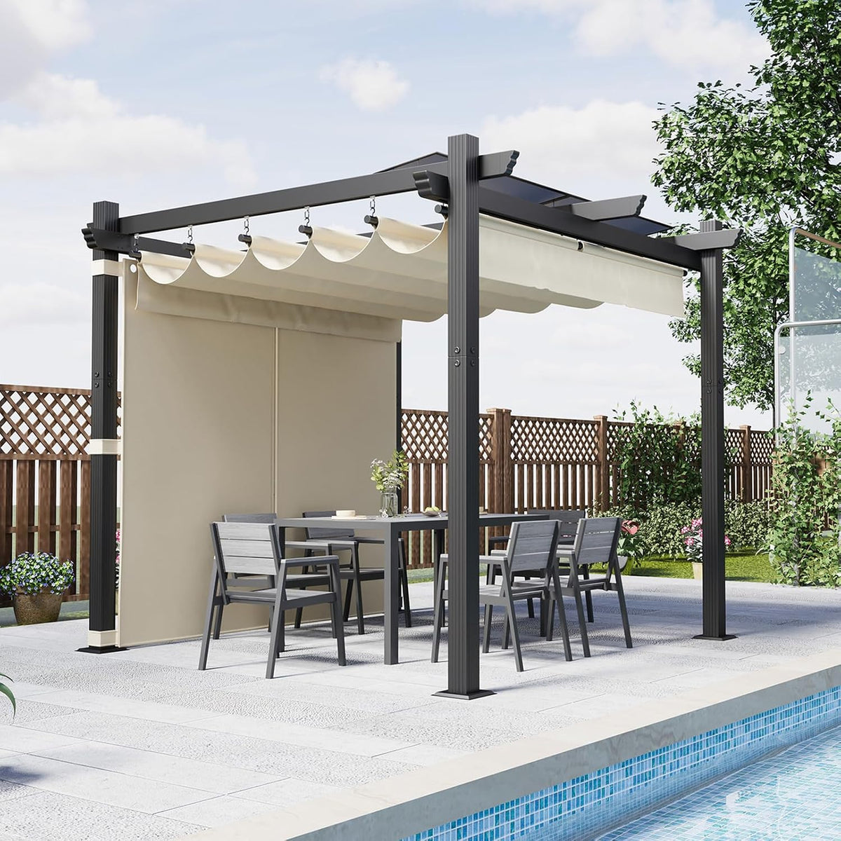 Pavillon 50+ Aluminium Pergola mit Schiebedach Verstellbarer Schattenfläche UV-Schutz, 3 × 3 wasserdicht stabil Winterfest, Beige., Devoko