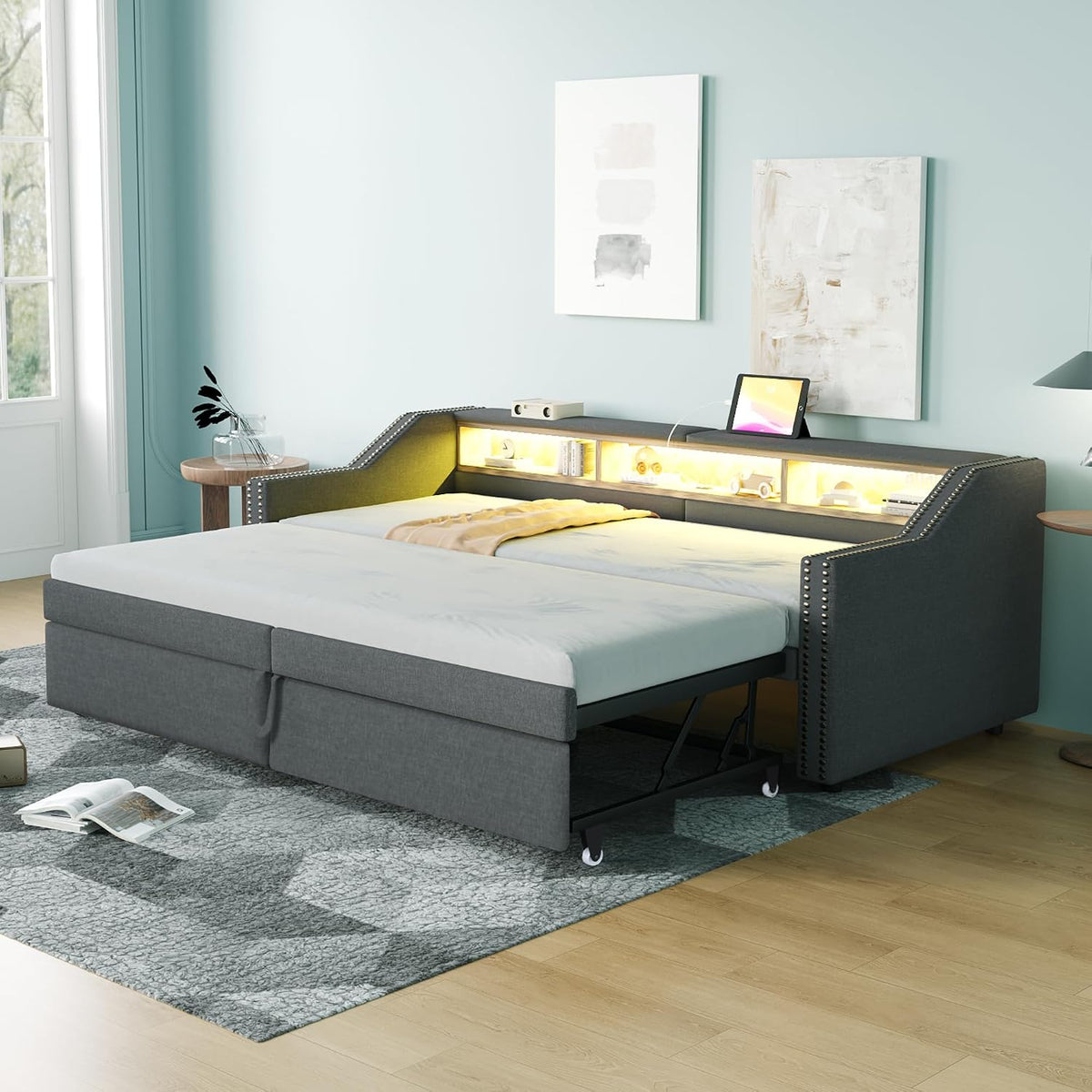 Bett Polster, Ausziehbares Schlafsofa 90/180 × 200 cm, Daybett mit LED und USB Ladefunktion, Tagesbett mit Multifunktionales Staufach, Leinen