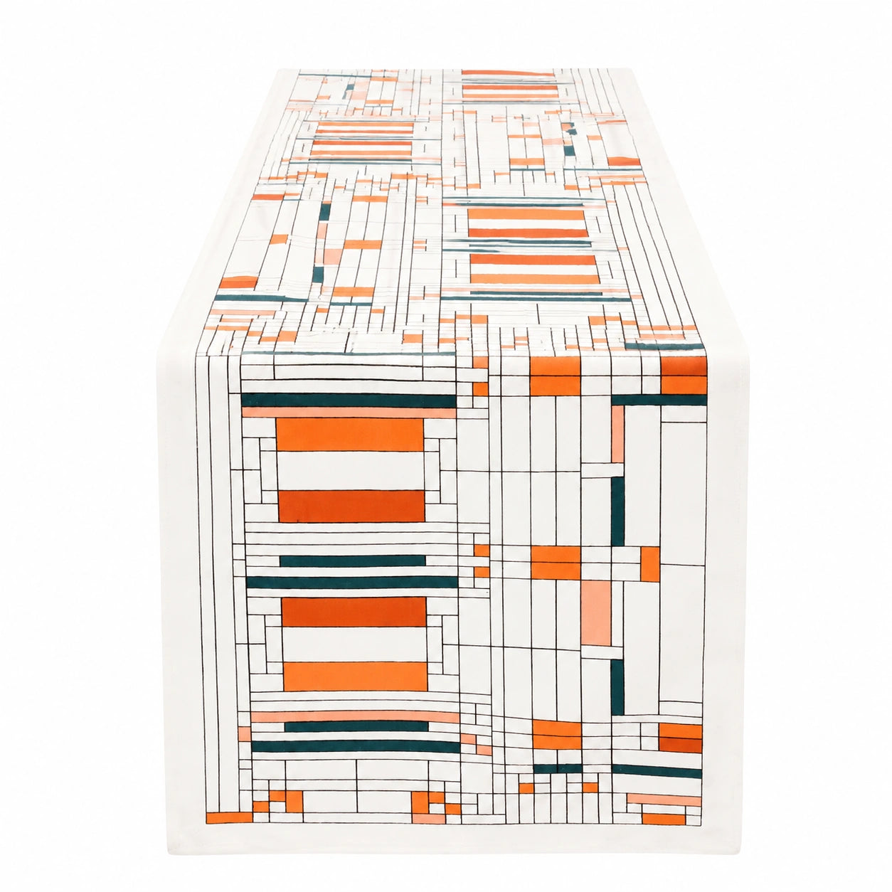 Tischläufer 180 x 35 cm aus Textil in Weiß Orange Petrol mit geometrischem Muster