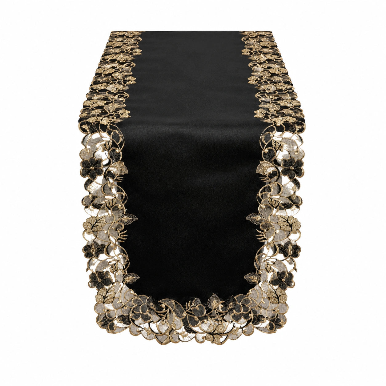 Tischläufer 180 x 33 cm Schwarz Gold mit Spitzenblumenmuster