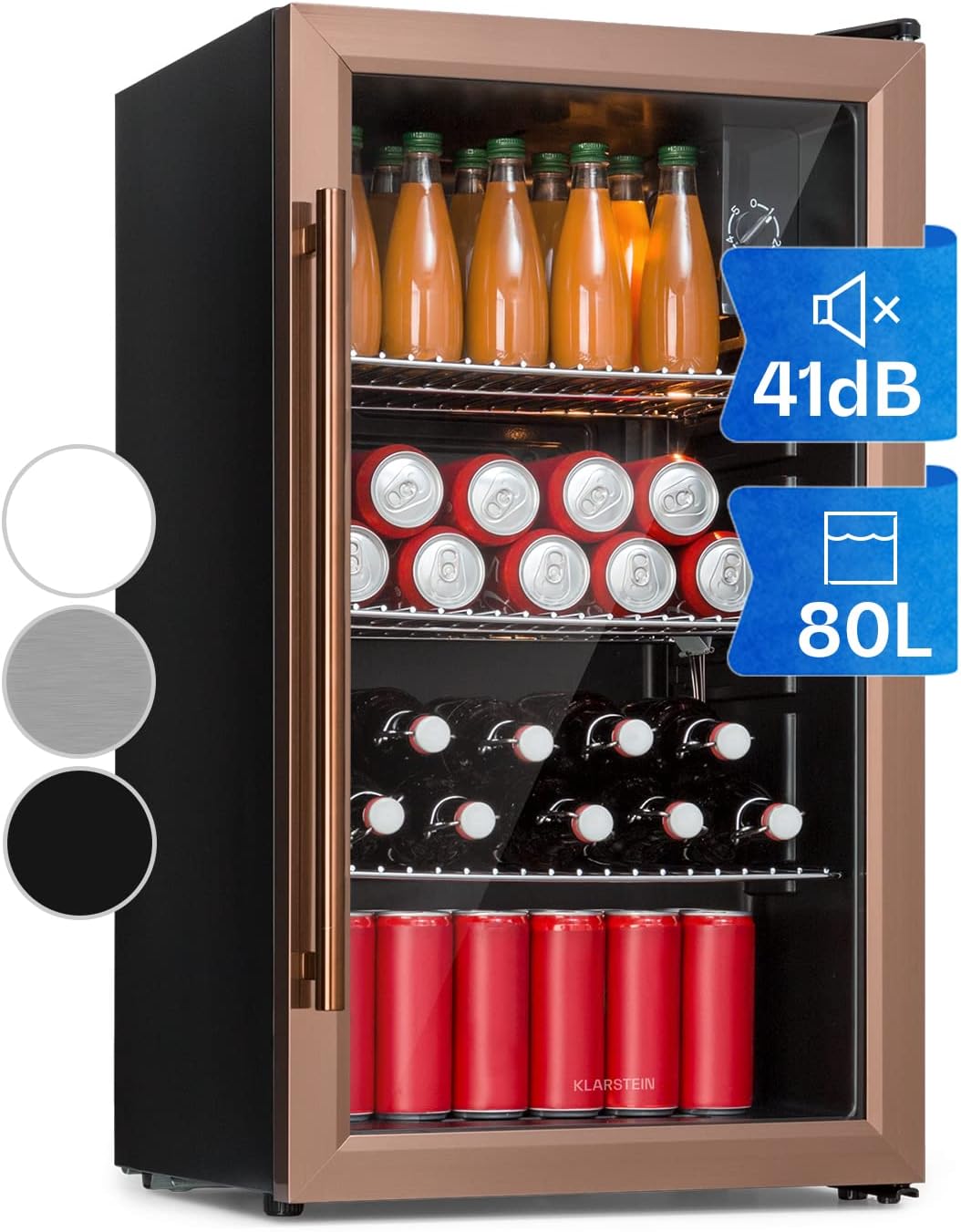 Mini-Kühlschrank, Beersafe Getränkekühlschrank 80 L, Kühlschrank mit Glastür, Kupfer, Klarstein