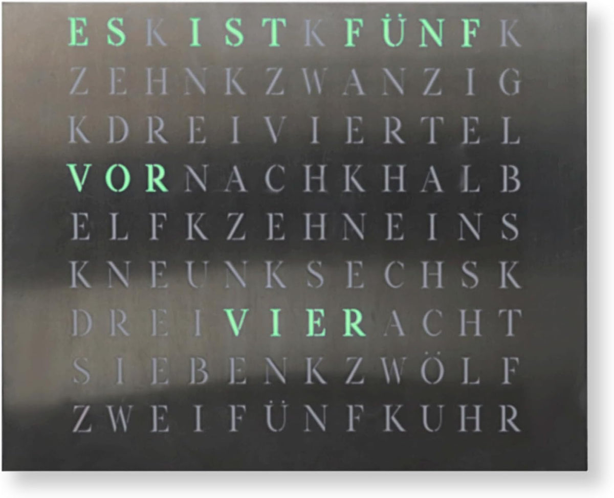build-yours Wanduhren, WordClock Jupiter 50 × 40 cm, LED-Wortuhr aus gebürstetem Edelstahl, Infinity Edge Design, smarte WLAN-Uhr (IO Software