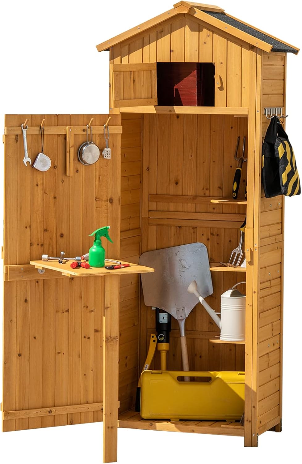 GOPLUS Gartenschrank Holz Gartenhaus, outdoor wetterfest, Geräteschuppen mit Tür, Ablage & 8 Haken, Gerätehaus mit Satteldach