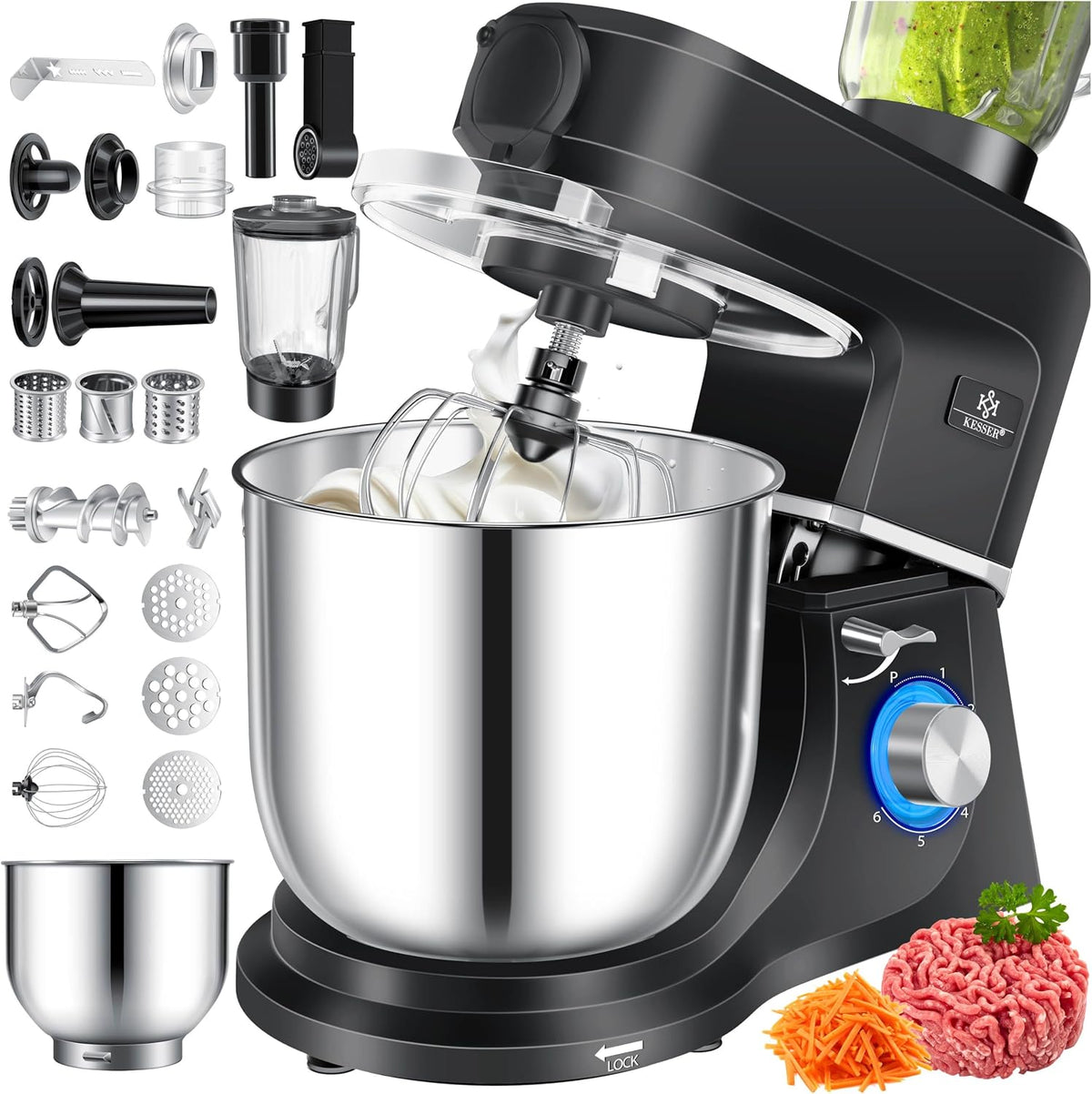KESSER ® Küchenmaschine, 3in1 mit Fleischwolf & Mixer, 1500W Knetmaschine 5, 5L Rührschüssel + Spritzschutz, 6 Geschwindigkeiten, Knethaken