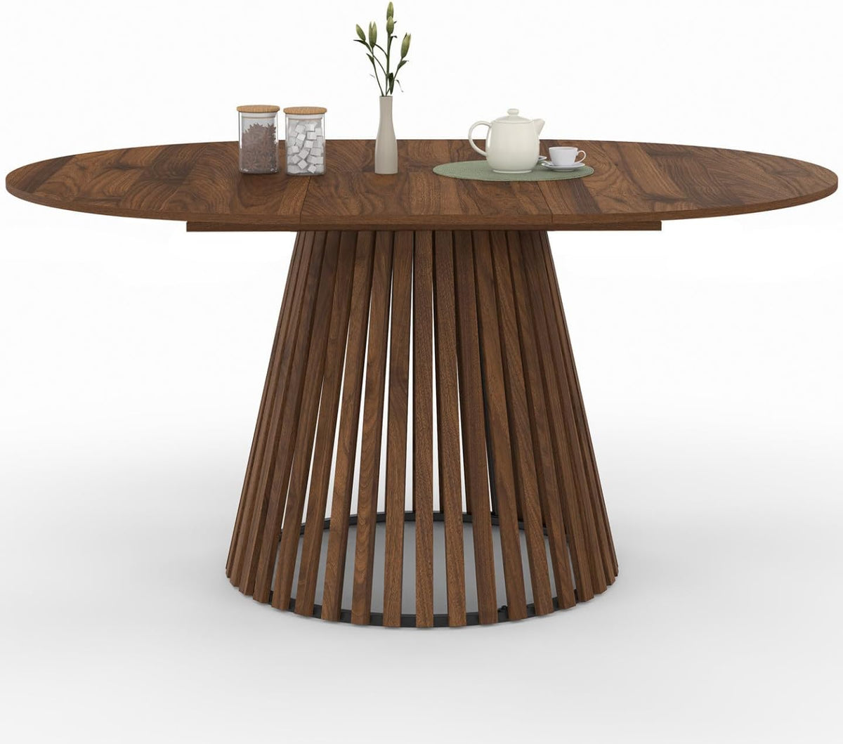 Esstisch -, ausziehbar, rund, Carmen, 4-8 Personen, Fuß aus Nussbaum, Latten, Platte aus Nussbaum, 110, 150 cm, IDMarket