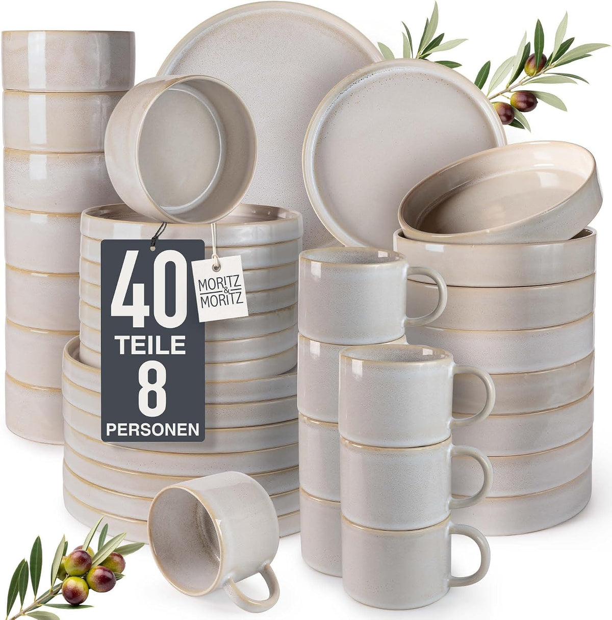 Moritz & Moritz Kombiservice, Steingut Geschirrset 8 Personen Beige - Teller Set aus Steingut 40-teilig - Geschirr Set aus je Dinnerteller