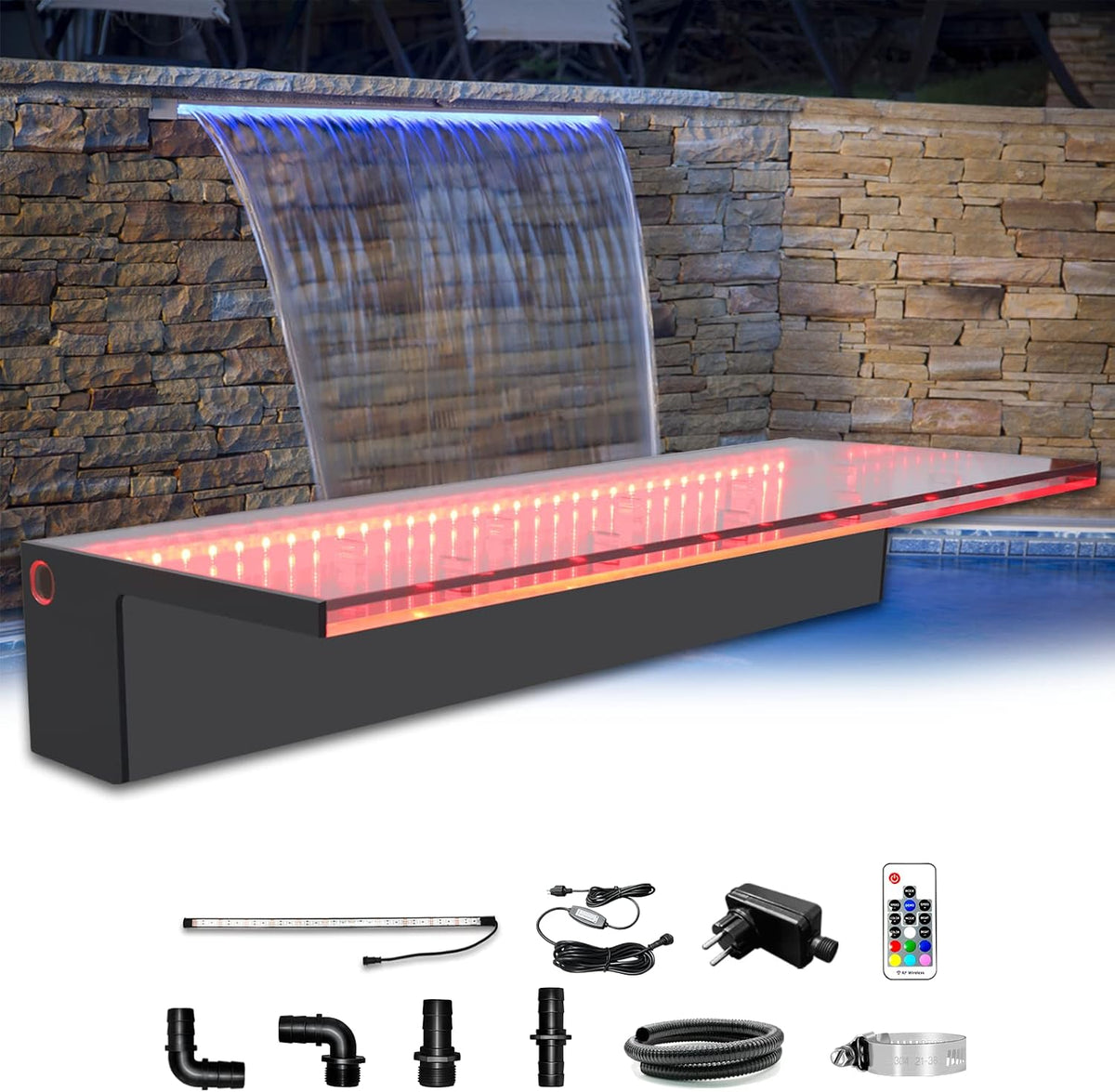 Longrun Wasserfall- & Bachlaufsets, Garten Brunnen mit Farbwechsel LED, Acryl Teich Wasserfontäne für Außengarten-60cm