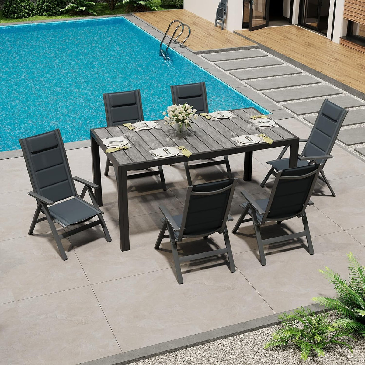 TRIUMPHKEY Essgruppe, Aluminium Gartenmöbel 6+1, Gartenmöbel Set mit 1 150 cm PS Gartentisch und 6 klappstuhl, mit Verstellbarer Rückenlehne