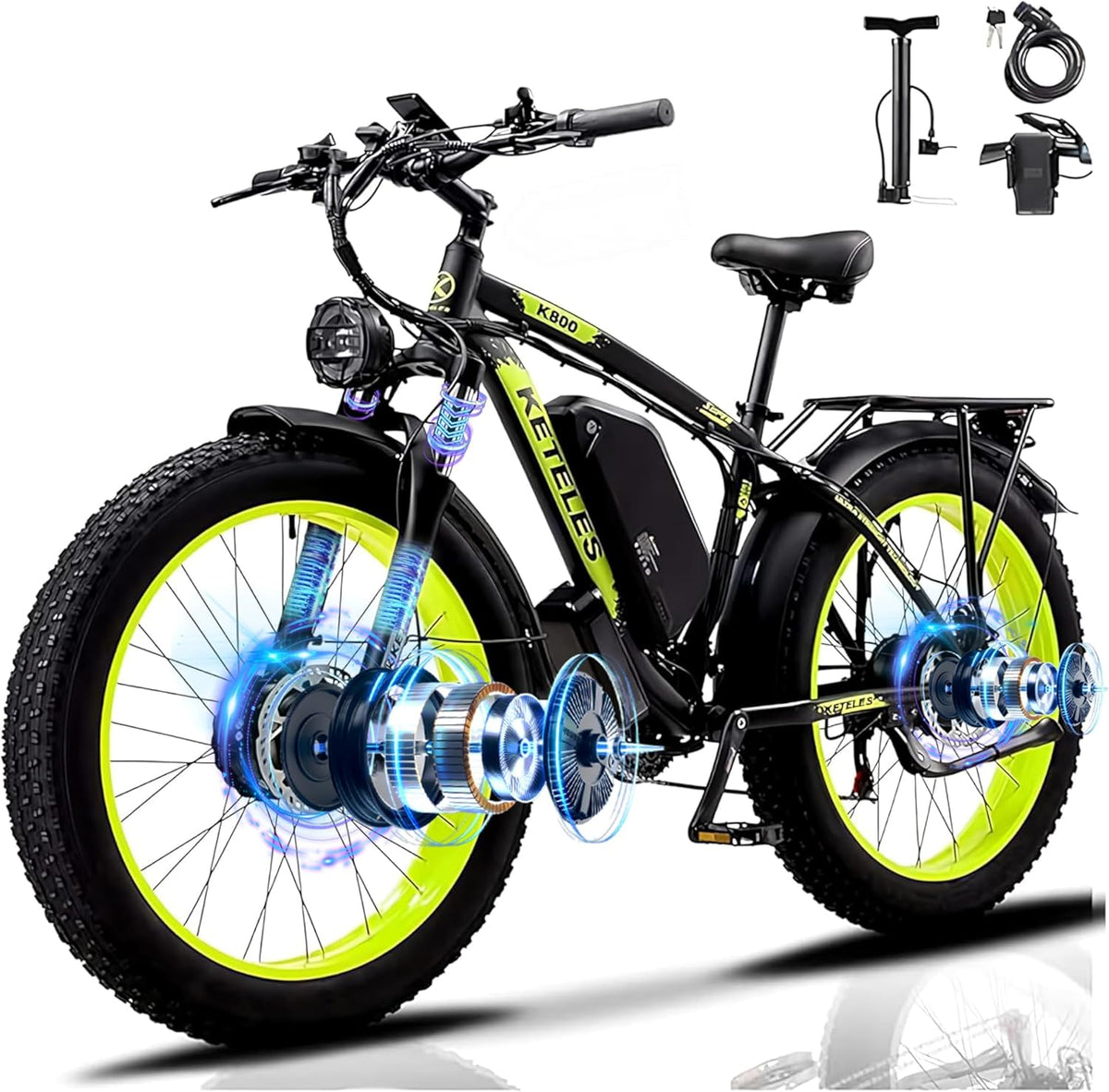 QIKAITU E-Bike-Akku, K800 E Bike, 32AH/23AH Akku Ebike mit Telefonhalter, E Fatbike mit 26'x4.0' Fat Tire