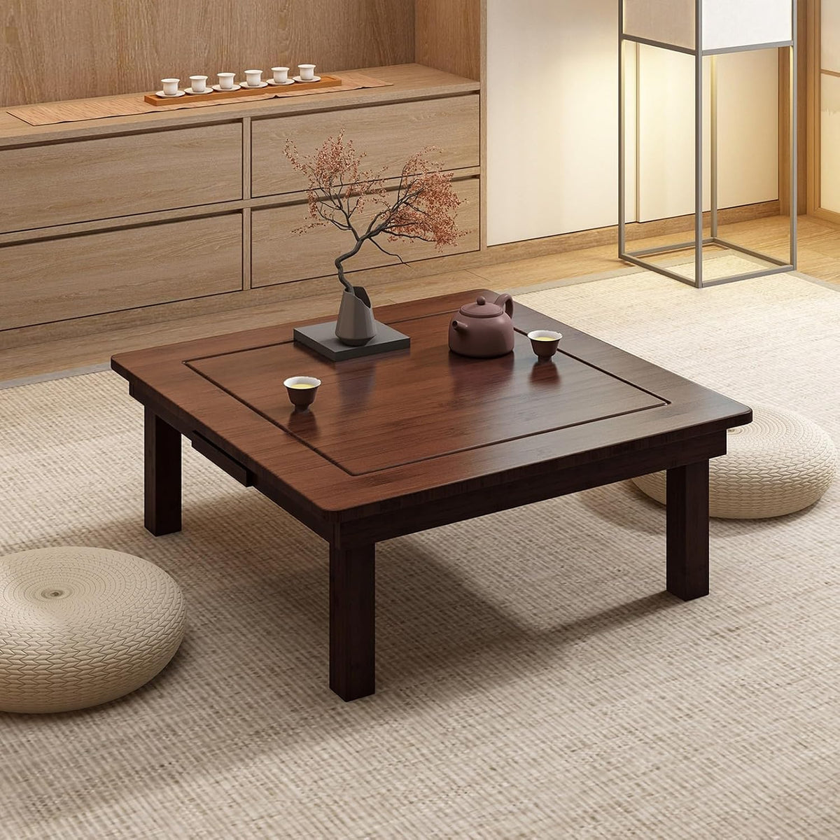 Beistelltisch Japanischer Bodentisch Tisch Niedrig Klappbar Tatami-teetisch Bambus, Couchtisch mit Faltbaren Beinen, für Boden Sitzen(Brown