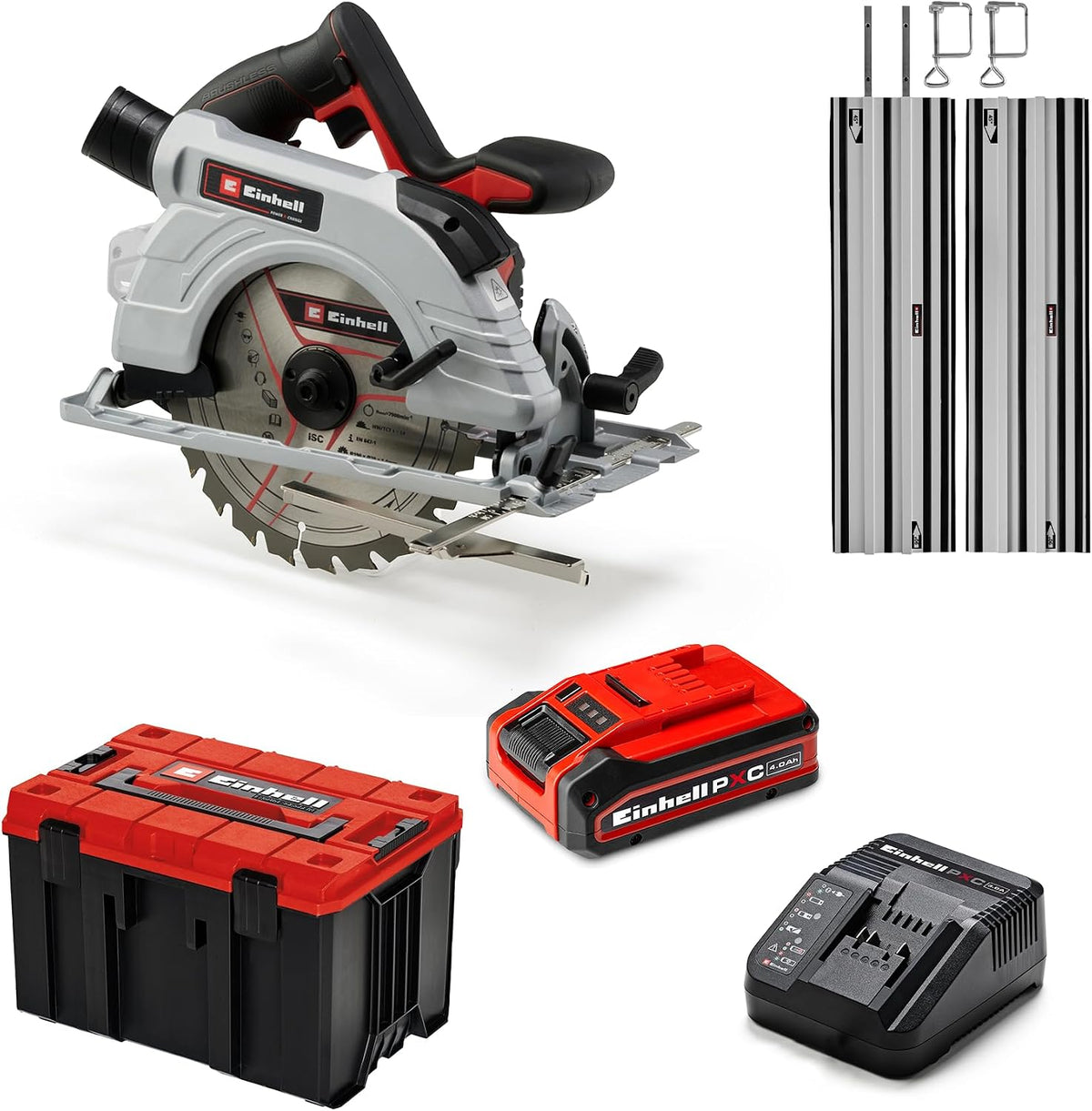 Einhell Kreissägen, 190 mm Sägeblatt, Brushless, 65 mm Schnitttiefe, inkl. 4, 0 Ah Akku und Ladegerät, E-Case M, Führungsschiene)