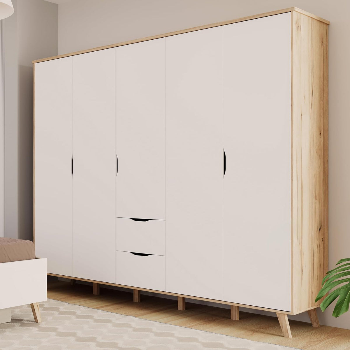 Kleiderschrank VANKKA, 230, Skandi Schrank mit 5 Drehtüren und 2 Schubladen, Filigrane Möbelbeine, Holzwerkstoff, Planked Eiche Holzdekor, Forte