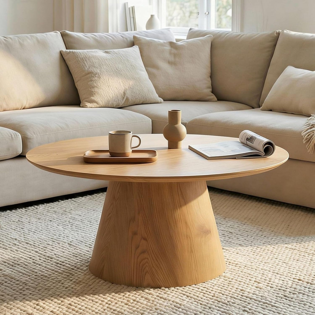 Couchtisch RUDA, rund 85 cm, Eiche Finish- Moderner Wohnzimmertisch in Holzoptik, runder Sofatisch MDF, Design Loungetisch, Ablagetisch für Wohnzimmer