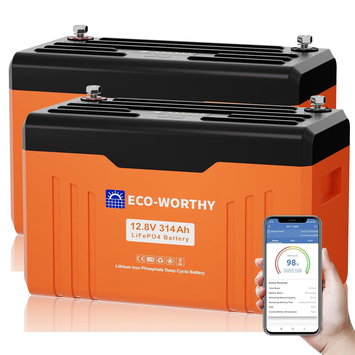 ECO-WORTHY Deep-Cycle-Batterie, 2 PACK 12V 314Ah LiFePO4 Bluetooth Batterie mit Display 200A BMS