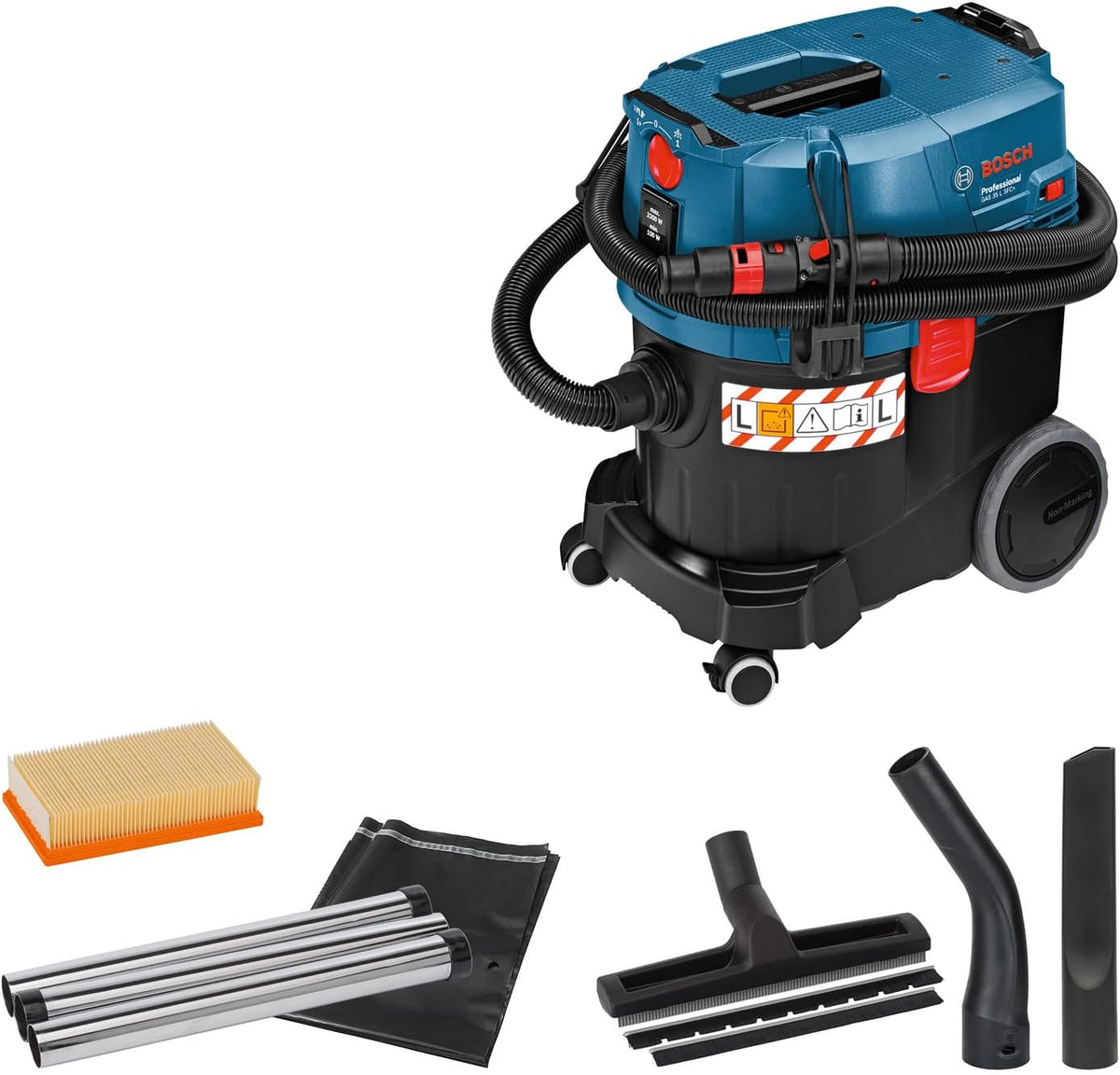 Bosch Professional Nass-Trockensauger, Fugendüse, Entsorgungssack, Krümmer, Bodendüsen-Set, Schlauch 3 m mit Werkzeugmuffe, 3x 0, 35 m Saugrohr)