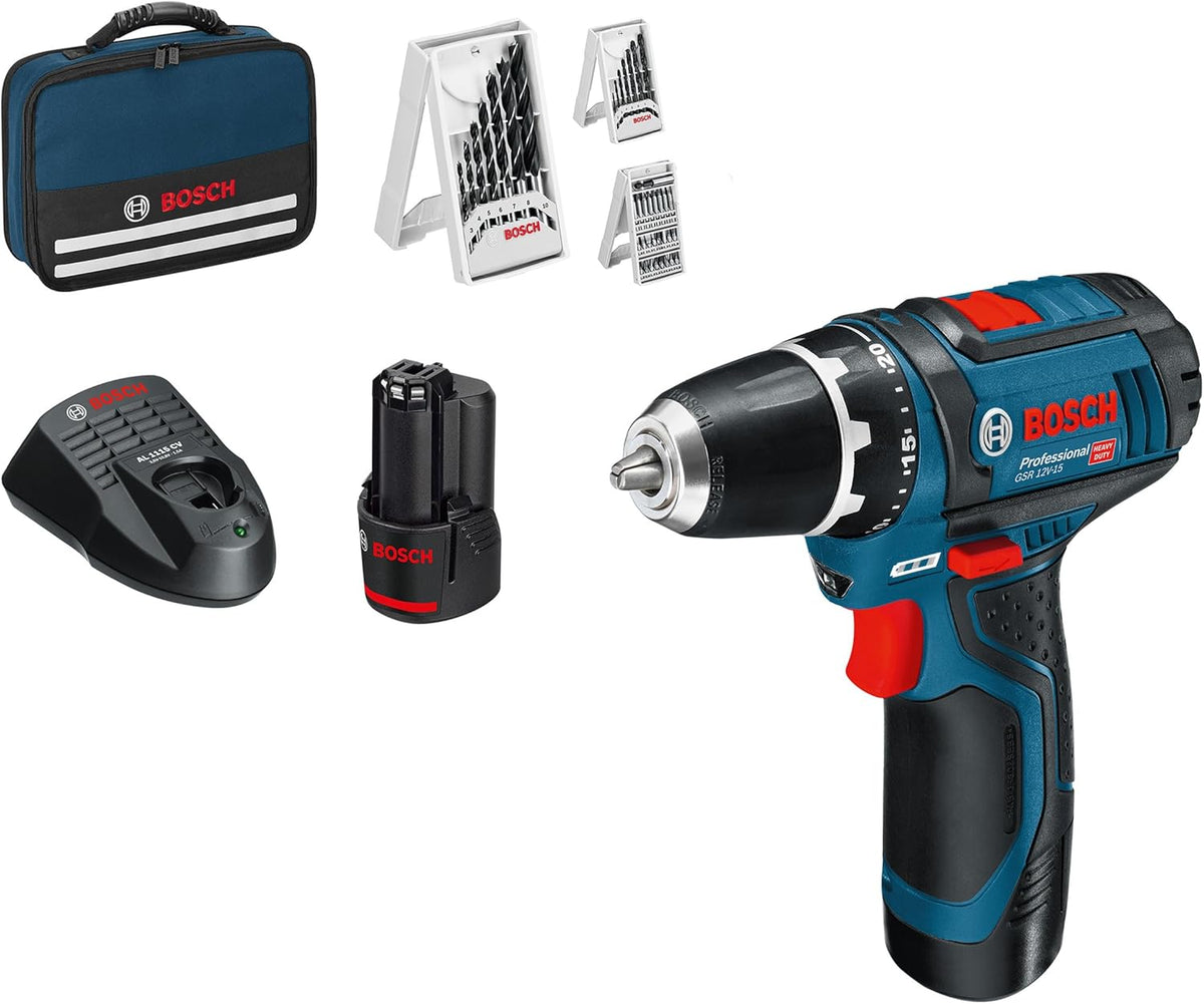 Bosch Professional Akku-Bohrschrauber, Ladegerät, 39tlg.-Zubehör-Set, Werkzeugtasche) - Amazon Exclusive
