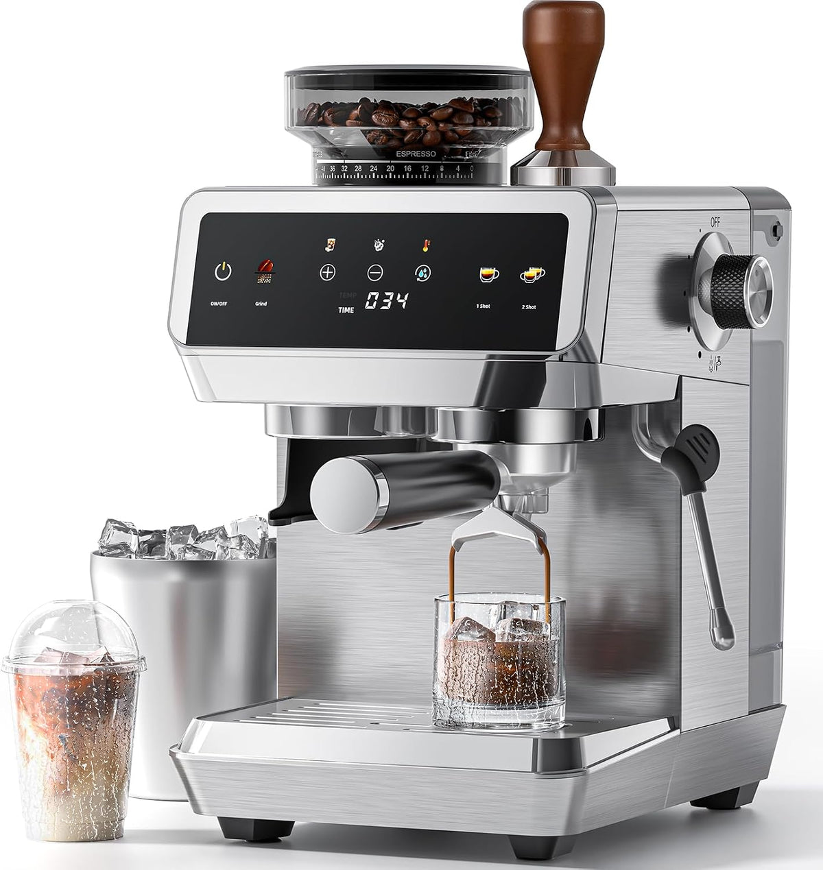AMZCHEF Espressomaschinen- & Kaffeemaschinen-Kombinationen, Siebträgermaschine mit Mahlwerk, 20 Bar, Cold Brew, Edelstahl