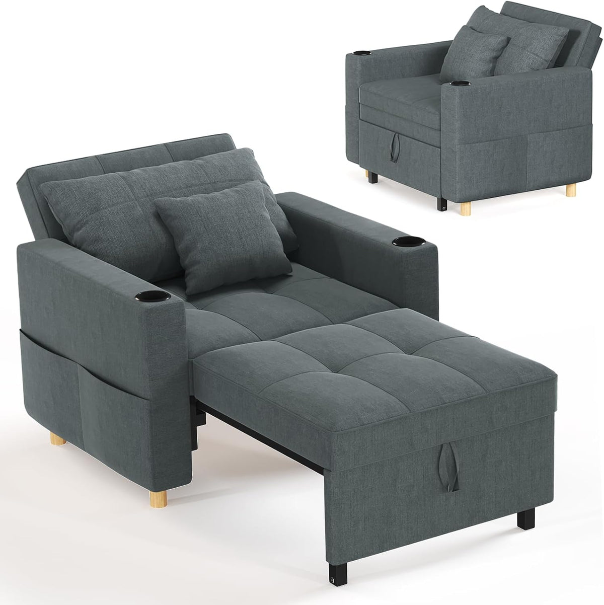 Sofa Schlaf, 93cm Extrabreit Schlafsessel mit Bettfunktion-Dunkelgrau, YODOLLA