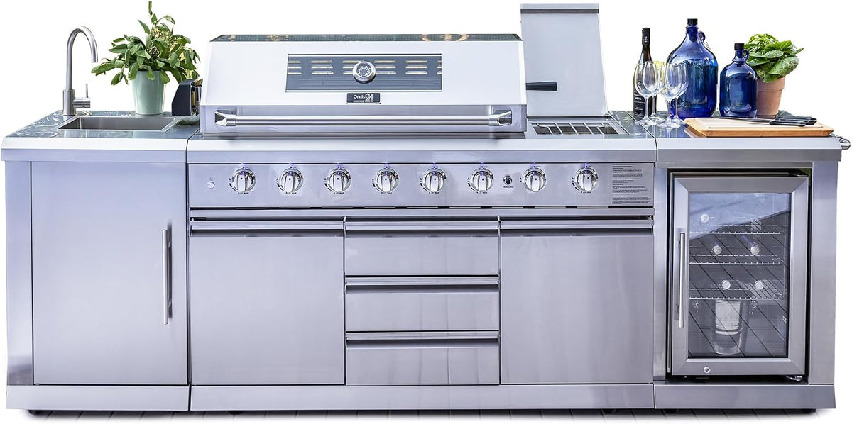 Kühlschrank Outdoor-Küche Outdoorküche Gasgrill, Spülbecken Edelstahl Innenbeleuchtung 6 Brenner Außenkochfeld Kreamik Backburner Drehspieß, Ondis24