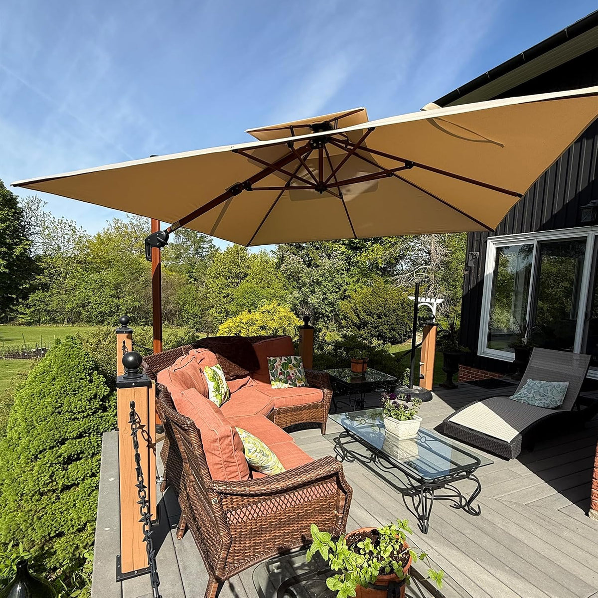 PURPLE LEAF Sonnenschirm,   Sonnenschirm 300 × 300 cm Alu-Griff Holzoptik Doppeldach