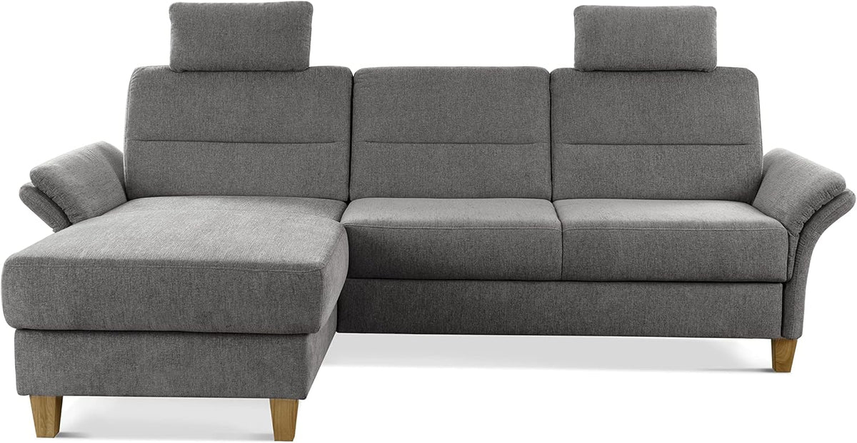Sofa Eckcouch Wyk mit Federkern Eck, im Landhaus-Stil mit Longchair, 2 Kopfstützen + Holzfüßen/252 × 90 × 162/Chenille, Grau, CAVADORE