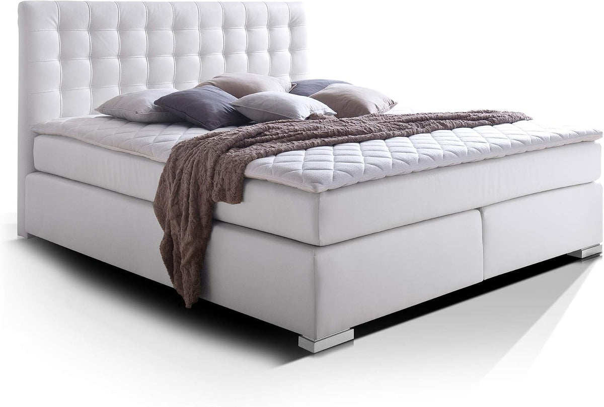 Boxspringbett Isabell Plus, Hotelbett Bett amerikanisches Bett 7-Zonen-Multi-Tonnentaschenfederkern-Matratze, 200 × 200 cm, Weiss, Härtegrad 2