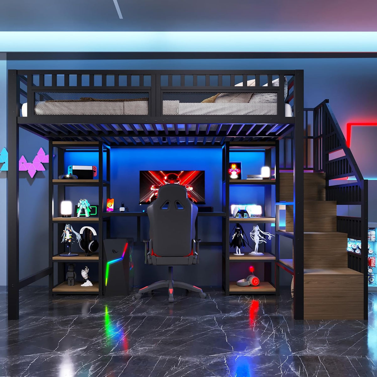Bett Hoch, 140 × 200 cm, Eisenrahmen, Ablagefach, Leiter mit Stauraum, Schreibtisch, LED-Lichtleiste, USB-Anschluss inklusive, ohne Matratze, Schwarz