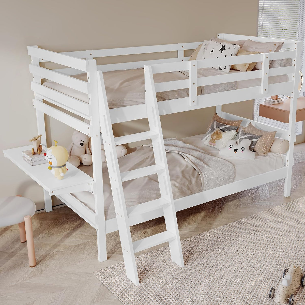 Kinderbett, Etagenbett 90 × 200 cm, Hochbett für 2 Kinder, Holzbett mit Schreibtisch und Leiter