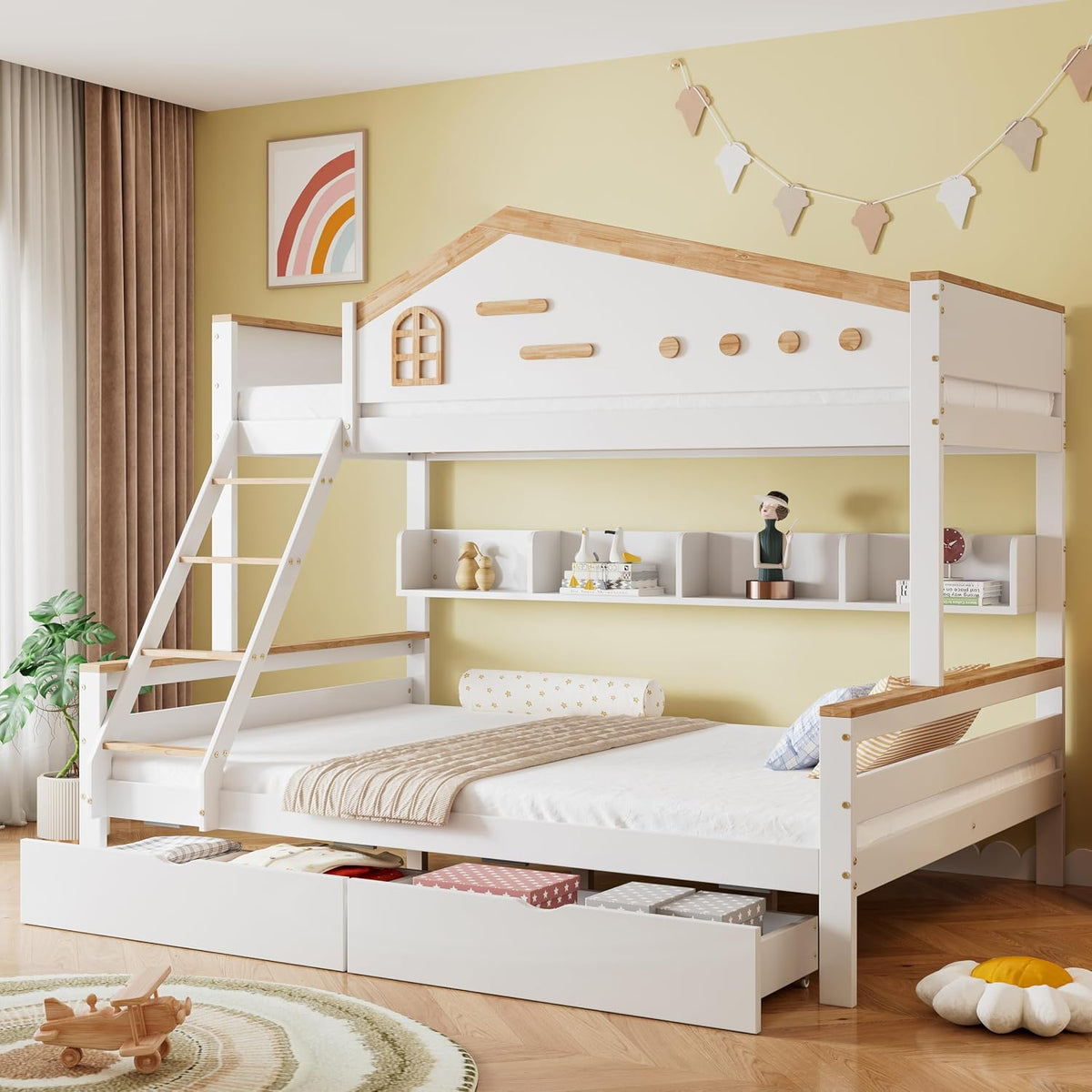 Kinderbett Etagenbett, 90 × 200 & 140 × 200 cm für 2-3 Kinder, Hochbett mit Leiter & 2 Stauraum Schubladen & Lagerregal