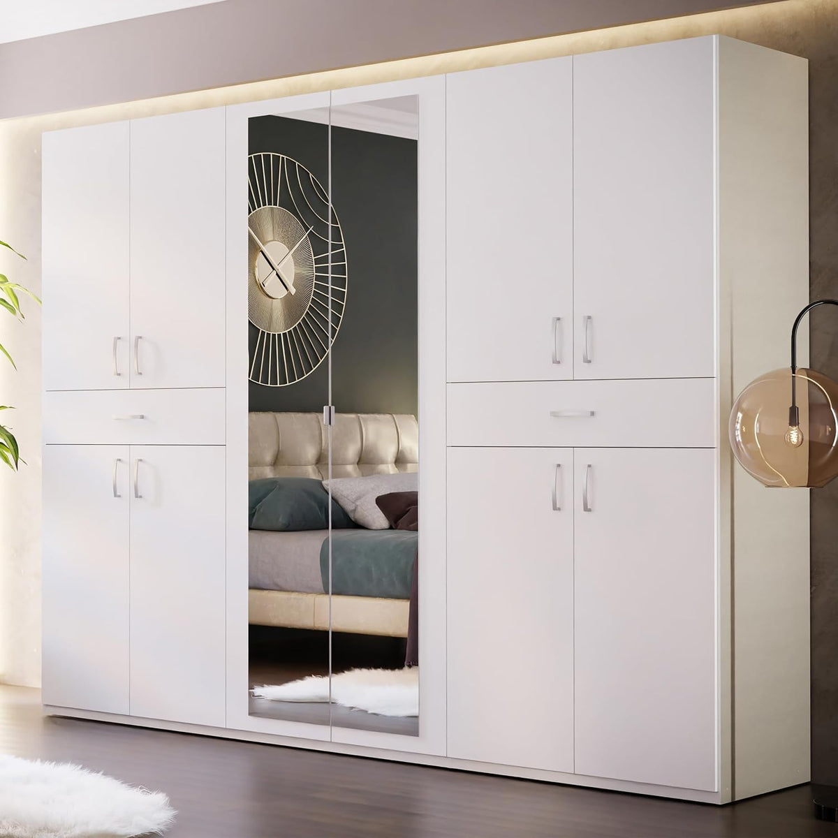 Kleiderschrank Serenade, 270, moderner Drehtürenschrank, 10-türig, 2 Schubladen, Kleiderstangen, Einlegeböden, Spiegel, Holzwerkstoff, Weiß, 269