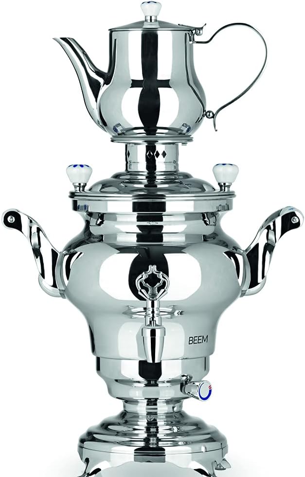 BEEM Teemaschine, 06127 Samowar Odessa III, Edelstahl, 3 Liter, traditionelle Teezubereitung, 2 Heizspiralen, energiesparend, 53 x 34 x 25 cm, Silber