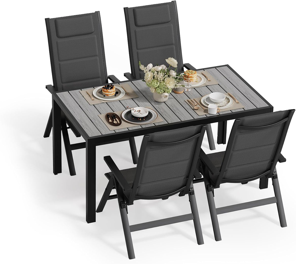JUMMICO Essgruppe, Gartenmöbel Set, 4 stühle Klappbar mit 1 Tisch, 5-Fach Verstellbarer Aluminium Sessel und Einer Tischplatte in Holzoptik