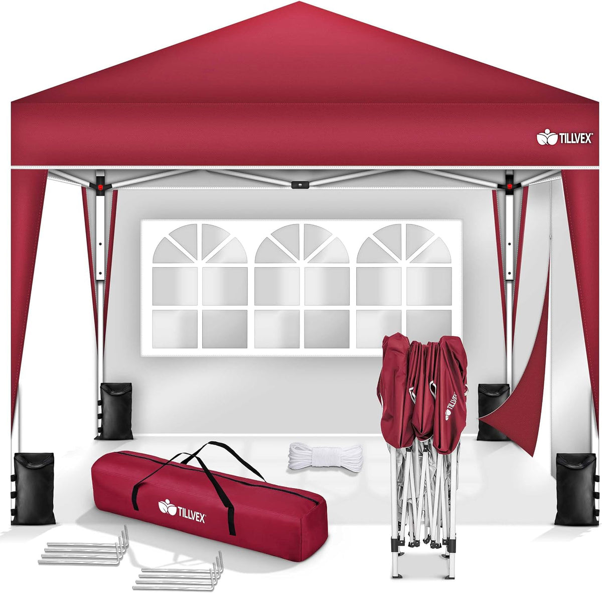 Pavillon ®, 3 × 3m Wasserdicht mit 2 Seitenteilen & 4er Set Sandsäcke, tillvex