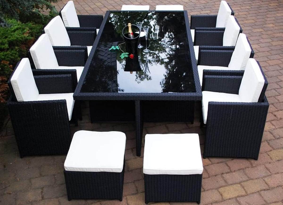 Ragnarök-Möbeldesign Essgruppe,   Wieland Premium PolyRattan Essgruppe - Deutscher Hersteller - 8 Jahre GARANTIE - Tisch Stuhl Hocker schwarz