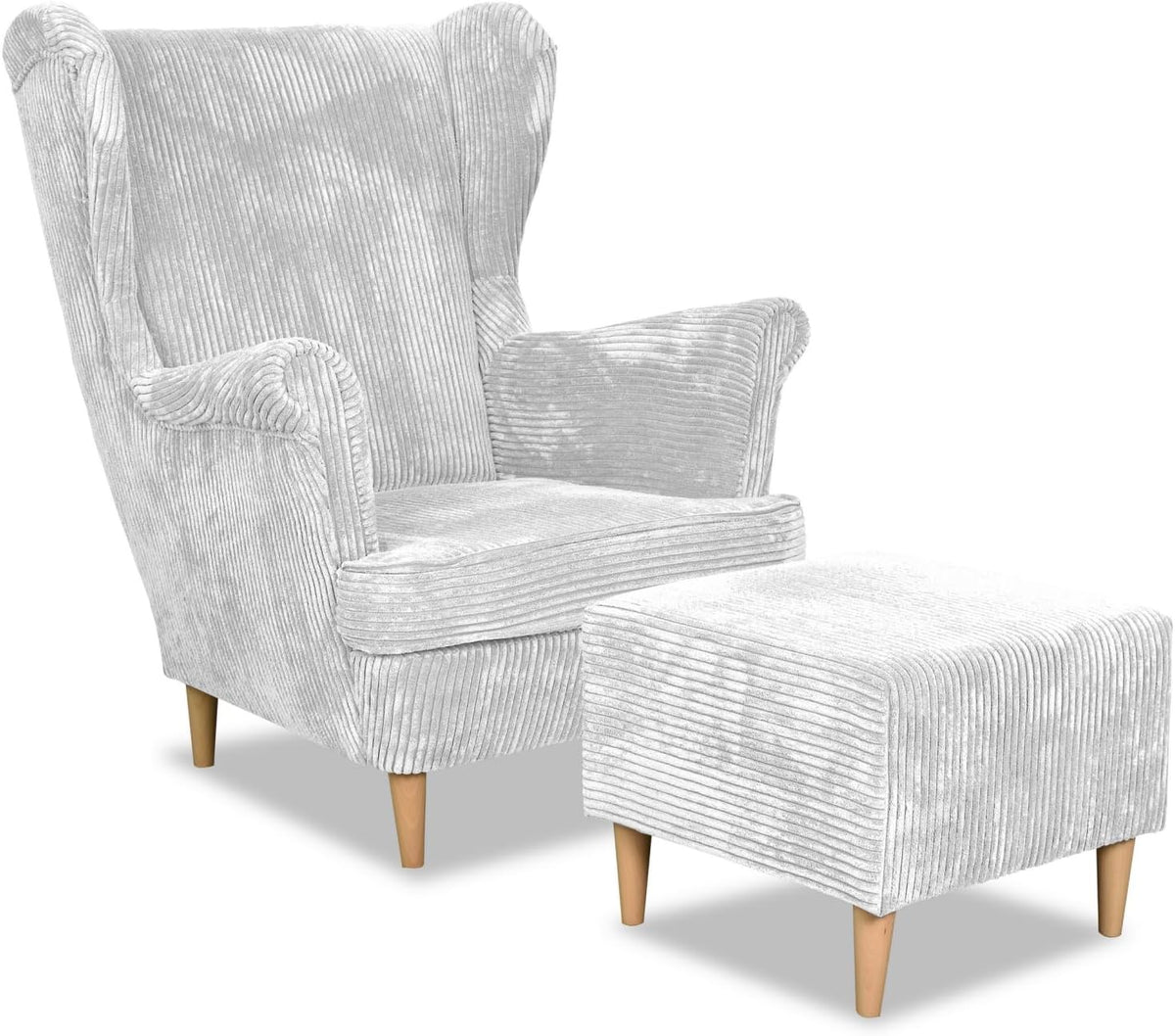 Sessel Ohren, Cord mit Hocker, Modell Bonito, Skandinavisch, Für Wohnzimmer, Esszimmer, Schlafzimmer, Hellgrau, Family Meble