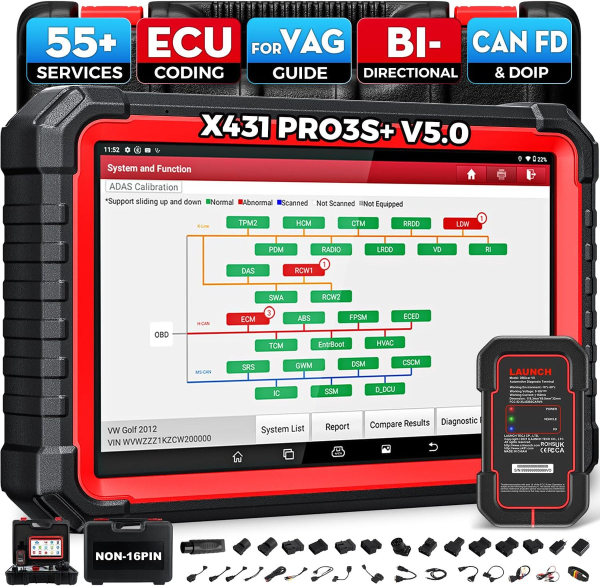 LAUNCH OBD-II Diagnosewerkzeuge, X431 PRO3S+ V5.0 OBD2 Diagnosegerät OE-Level voll System Scanner mit ECU Codierung, Bidirektionaler Steuerung