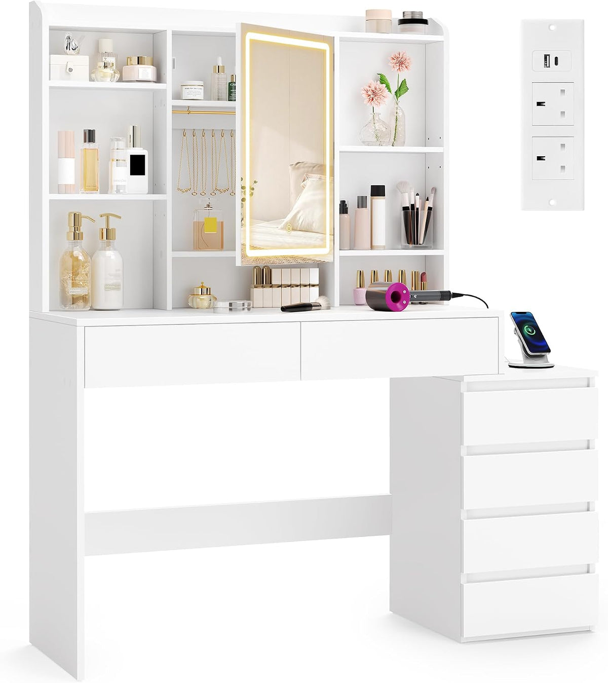 Schminktisch, mit LED-Beleuchtung, 40 × 124, 7 × 145 cm, VASAGLE
