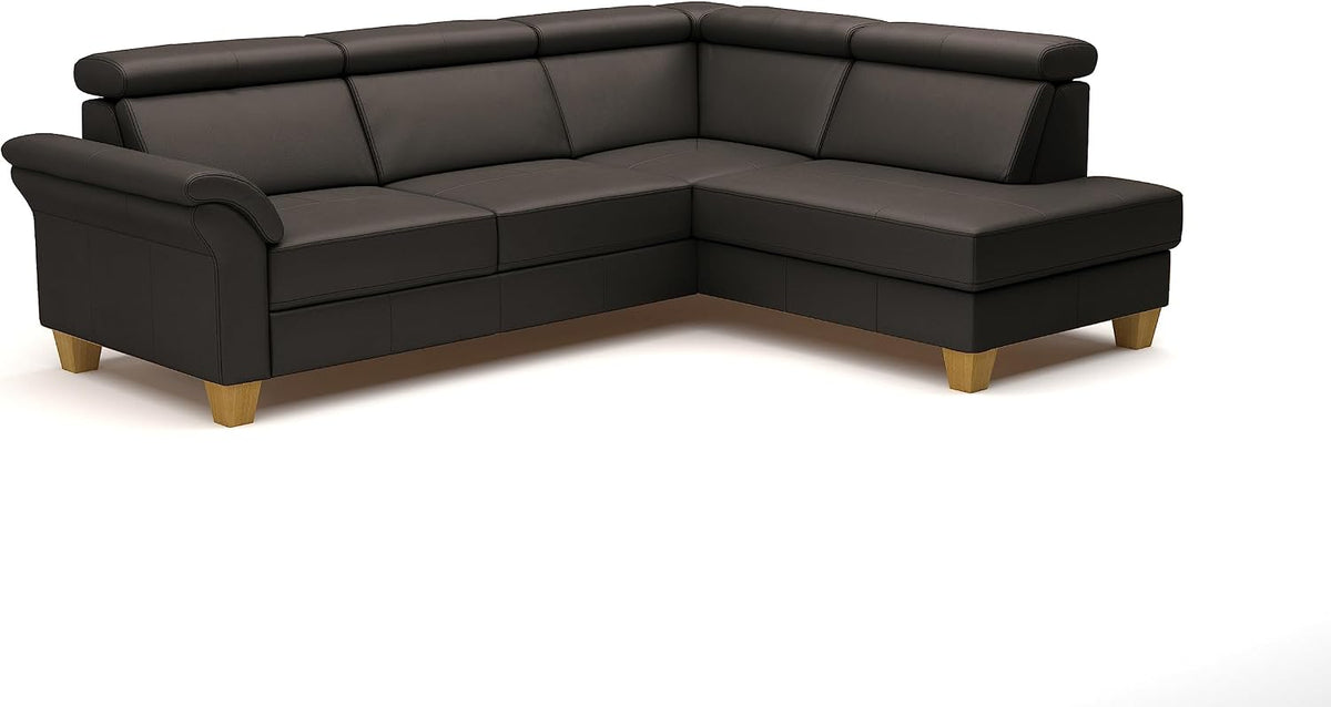 Sofa Leder-Eck, Ammerland mit Ottomane/Landhaus-Sofa mit Federkern + Kopfteilverstellung/245 × 84 × 194/Leder Dunkelbraun, CAVADORE