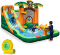 COSTWAY Hüpfburg, mit Wasserrutsche, tropischer 7-in-1-Wasserpark mit Langer Rutsche, Planschbecken, Basketballkorb & Wasserpistole, inkl. Gebläse