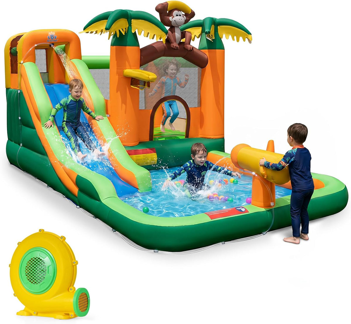 COSTWAY Hüpfburg, mit Wasserrutsche, tropischer 7-in-1-Wasserpark mit Langer Rutsche, Planschbecken, Basketballkorb & Wasserpistole, inkl. Gebläse